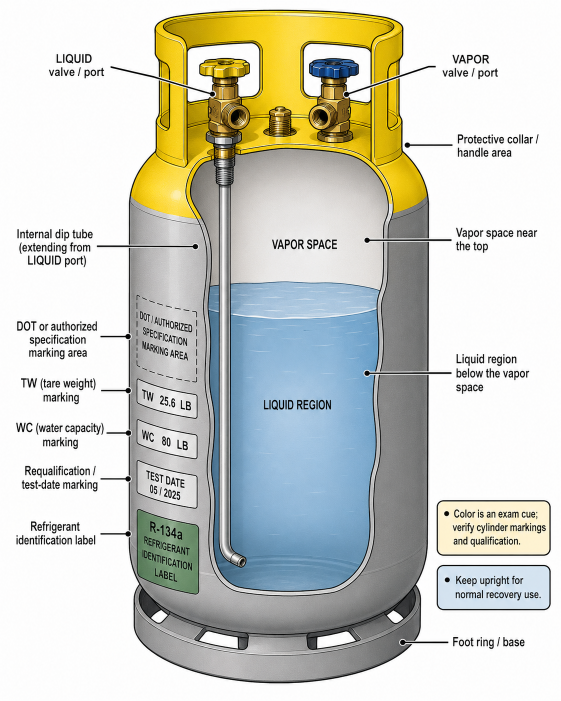 Labeled recovery cylinder showing liquid and vapor ports internal dip tube vapor space liquid region tare weight water capacity DOT marking and requalification date